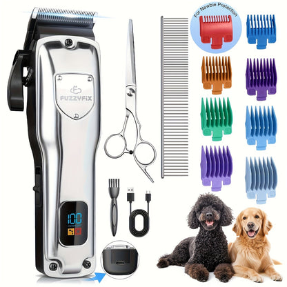 Dog Grooming Clippers Professional Kit - Low Noise Rechargeable Pet Hair Trimmer with Ceramic Blade, 8 Guards, Scissors & Comb for Dogs, Cats & Thick Coats