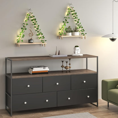 Hanging Wall Shelf Set with Macrame-Style Ropes, Artificial Ivy, LED Light Strands and 2- to 4-Piece Options