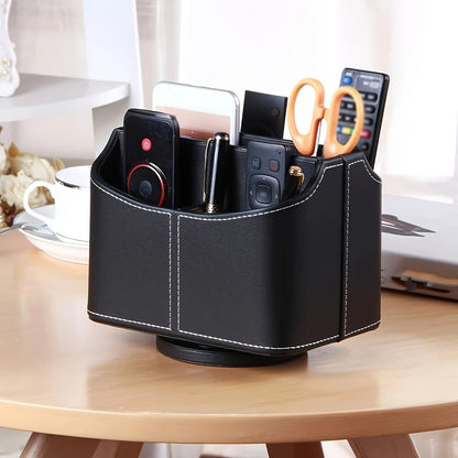 360° Swivel Remote Control Holder with 5 Compartments – PU Leather Desktop Organizer Caddy for TV Remotes, Phones, Glasses, Cosmetics & Stationery, Rotating Storage Box for Home Office Nightstand