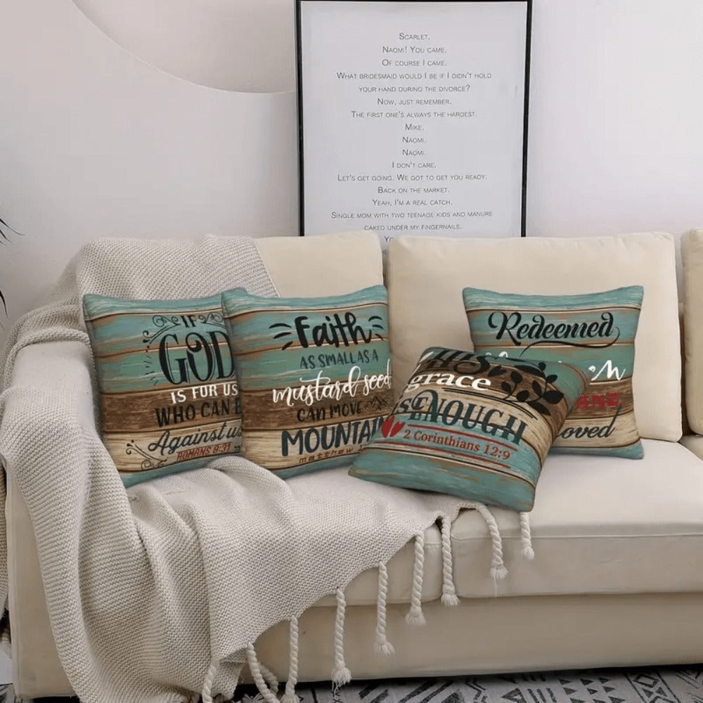 Scripture Quote Throw Pillow Covers, Four-Piece 18 x 18-Inch Linen-Labeled Set with Hidden Zippers