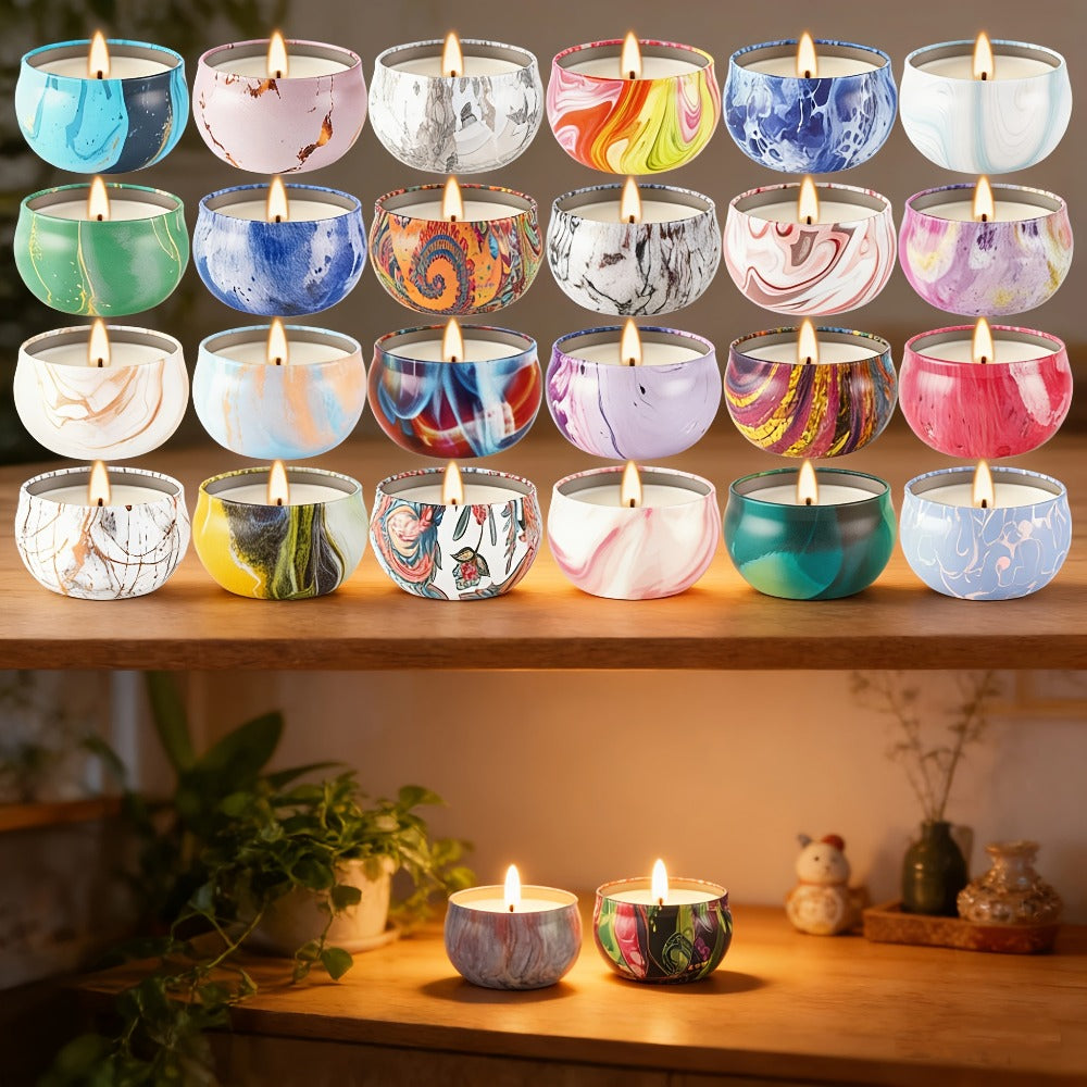 36-Piece Candle Gift Set with Lidded 2.5oz Decorative Tins in Three Coordinated Design Families