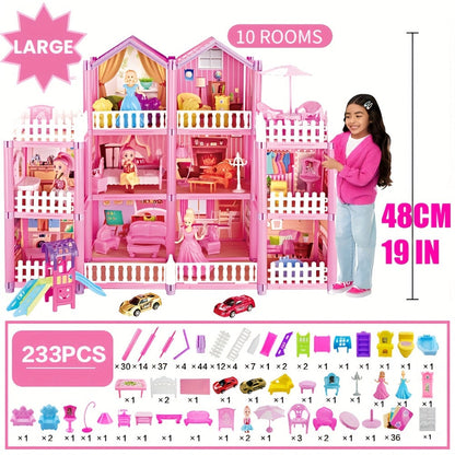 Princess Doll House Castle with Furniture & Accessories – Pink or Blue Mini Villa Playset 14 to 27 Rooms, Imaginative Play Logical Thinking Toy for Girls Ages 3+ Birthday Christmas Gift