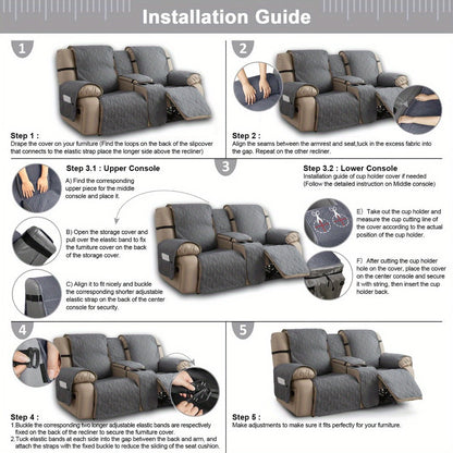 Recliner Loveseat Cover 4 Piece Set Waterproof Split Dual Recliner Sofa Slipcover with Center Console Cover & Straps - Pet Friendly Furniture Protector, Knit Polyester, 8 Colors, Black Grey Beige Navy