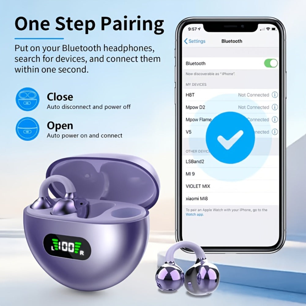 Open-Ear Clip Earphones Bluetooth 5.4 Wireless Earbuds for Glasses Wearers Small Ears Low Latency HD Calls All-Day Comfort Clip-On Open Ear Headphones Purple Black White