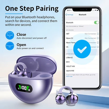 Open-Ear Clip Earphones Bluetooth 5.4 Wireless Earbuds for Glasses Wearers Small Ears Low Latency HD Calls All-Day Comfort Clip-On Open Ear Headphones Purple Black White