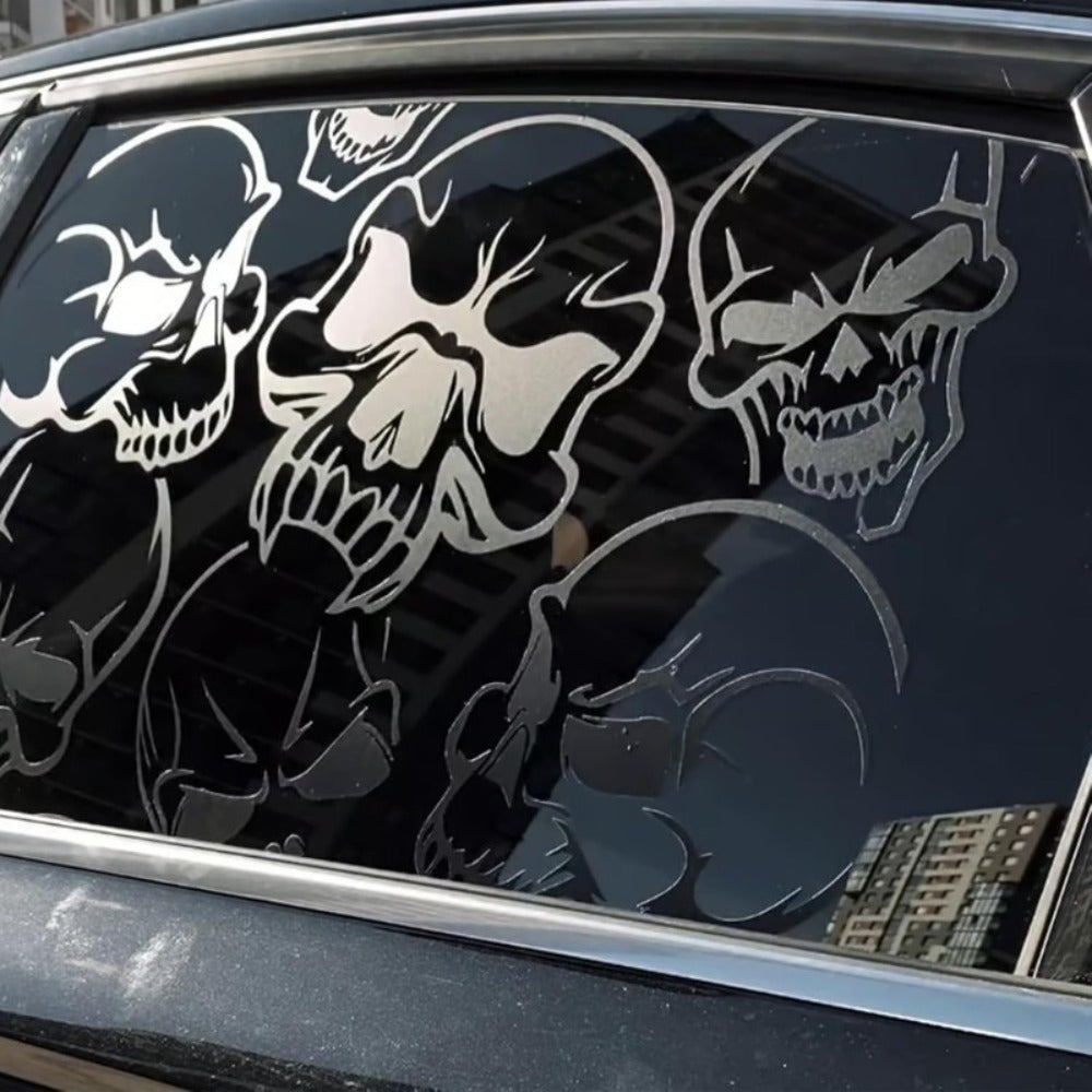 Car Window Decal Gothic Skull 2PCS Reflective Silver UV-Resistant Vinyl | Skeleton Sticker Full Cover Halloween Car Decoration Small 17x11in Large 21.6x17.7in Laptop Mirror Auto Styling