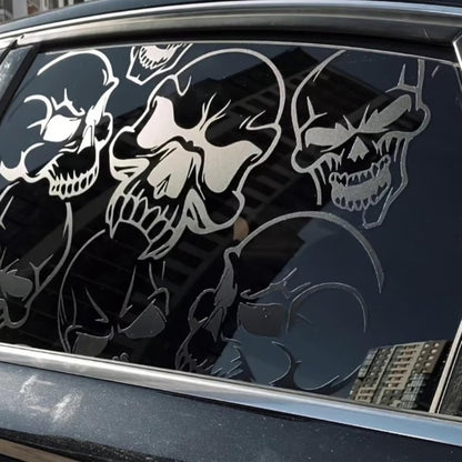 Car Window Decal Gothic Skull 2PCS Reflective Silver UV-Resistant Vinyl | Skeleton Sticker Full Cover Halloween Car Decoration Small 17x11in Large 21.6x17.7in Laptop Mirror Auto Styling