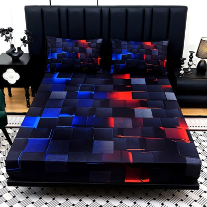 Fitted Sheet Set 3 Piece Digital Print Plaid - Deep Pocket 15 Inch Bed Sheet with 2 Pillowcases, 85% Polyester Soft Breathable Bedding Set for Twin Full Queen King, All Season Mattress Cover