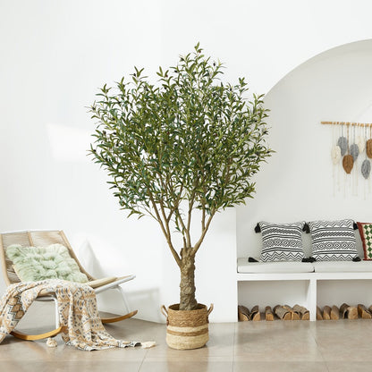 Potted Olive Artificial Tree with 5, 6, 7 and 8 ft Height Options, Black Planter and Branching Green Leaves