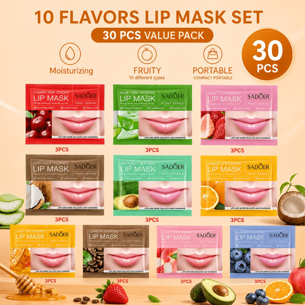 Thirty Individually Wrapped SADOER Lip Mask Sachets with 8g*30pcs Checkout Label and Assorted Graphics