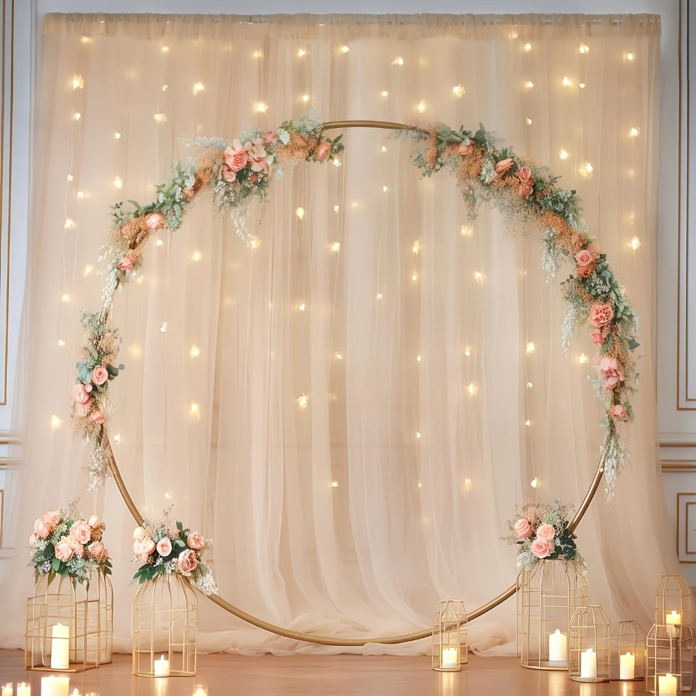 Champagne Tulle Photography Backdrop Set with Two Curtain Panels, USB String Lights and Ten Hooks