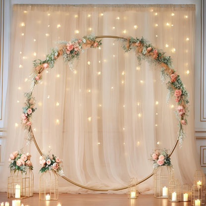 Champagne Tulle Photography Backdrop Set with Two Curtain Panels, USB String Lights and Ten Hooks