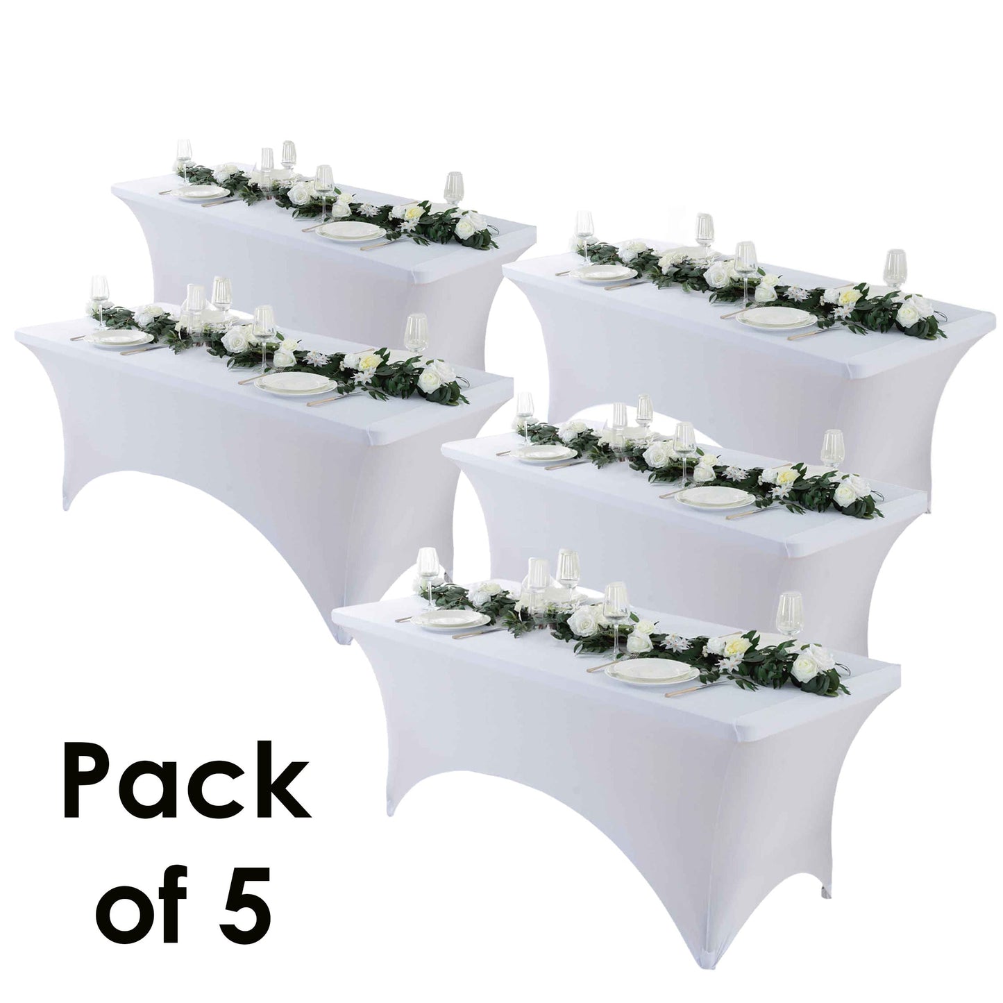 Tablecloth Fitted Stretch Cover Set for 4, 6 or 8-Foot Rectangle Tables in 3 or 5-Piece Packs