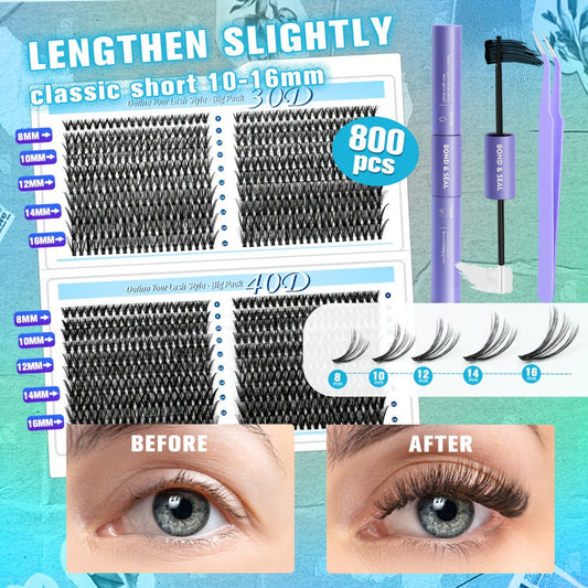 800Pcs Fluffy Wispy Lash Clusters Kit — 30D 40D Mixed Length 8-16mm DIY Eyelash Extensions with 2-in-1 Bond & Seal Glue and Tweezers, Natural Long-Lasting Cluster Lashes for Everyday Wear & Events