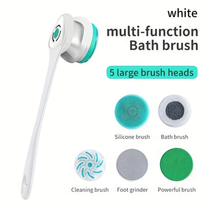 Electric Body Scrubber 6-in-1 Rechargeable Shower Brush - Vibrating Exfoliating Brush with Long Handle, 6 Brush Heads for Deep Cleansing, Back Scrubber, Pore Cleansing, Spa Gift for Women & Men