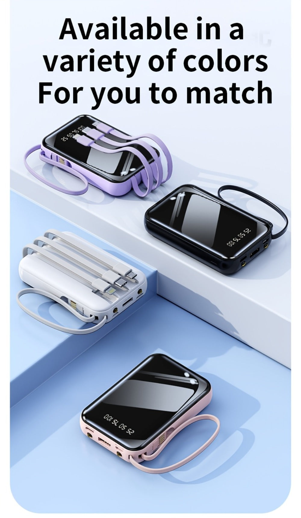 Power Bank 50000mAh 22.5W with Four Built-In Cables, Digital Display and LED Flashlight in Black or Purple