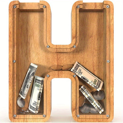 Wooden Alphabet Letter Coin Bank with Clear Front Panel and 23 Fixed Initial Options for Display