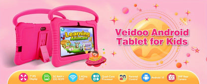 Veidoo 7 Inch Kids Tablet with Drop-Proof Silicone Cover – Eye Protection Screen, WiFi, 2GB RAM 16GB/32GB ROM, Dual Camera, Educational Games, Parental Control, Android Tablet Pink Blue Purple