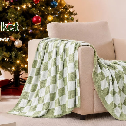 Jacquard Knit Checkered Blanket – Soft Cozy Fluffy Plaid Throw for Couch, Bed & Sofa, All Seasons, 4 Colors, Throw to King Size