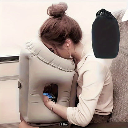 Grey Inflatable Forward-Leaning Travel Pillow with Face Opening, Arm Access, Carry Case and 37 × 32 × 26 cm Label