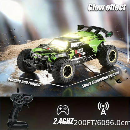 RC Monster Truck 4WD Green Off-Road Style Vehicle with LED Details, 2.4G Remote Controller and Treaded Tires
