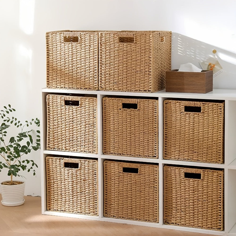 Square Woven Cube Storage Basket, 27cm on Each Side with Frame and Cutout Handles in One- or Four-Packs