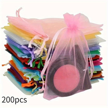 Organza Drawstring Gift Bags, 200-Piece Mixed-Color Set in 2.76 x 3.54 or 3.94 x 5.90 Inch Sizes for Favors and Jewelry