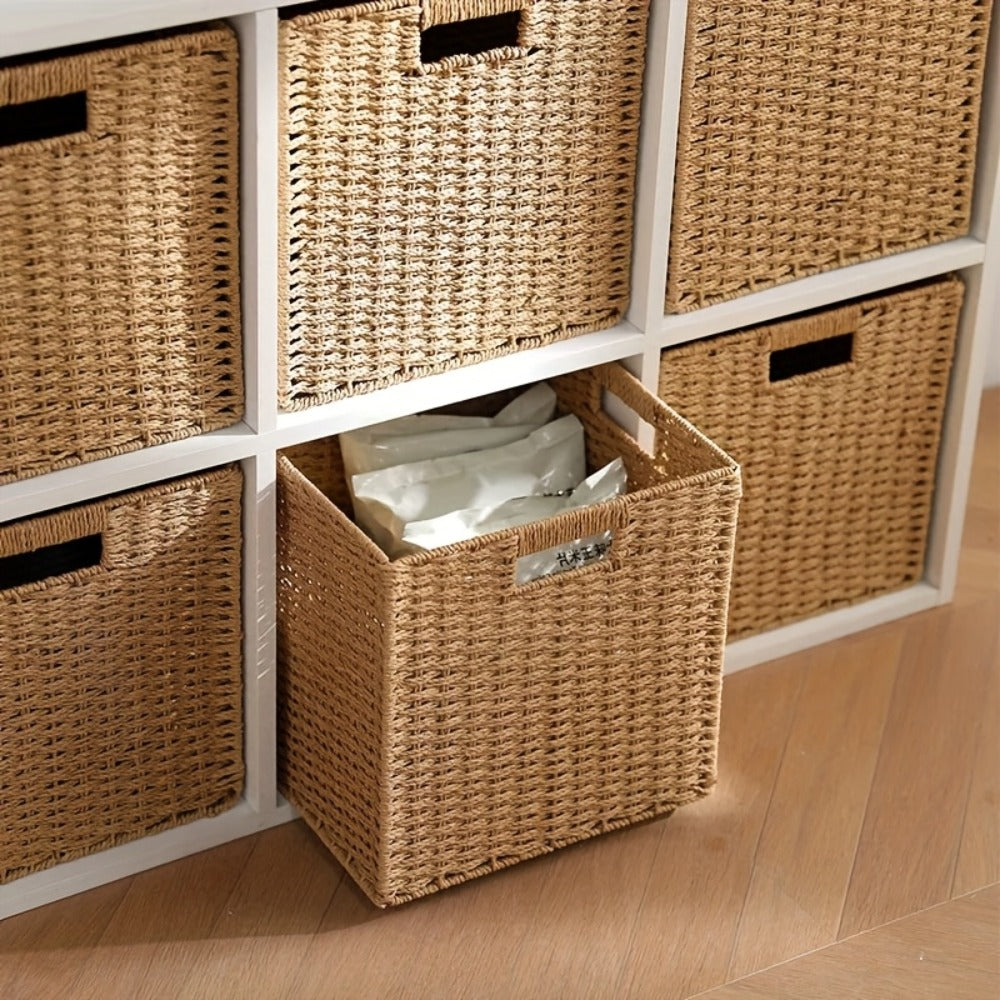 Square Woven Cube Storage Basket, 27cm on Each Side with Frame and Cutout Handles in One- or Four-Packs