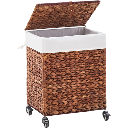 Laundry Basket with Lid & Handles - Handwoven Water Hyacinth Wicker Hamper, Removable Cotton Liner, 2 Mesh Bags, Boho Style, 9.25/17.17/25.1 Gal with Optional Casters
