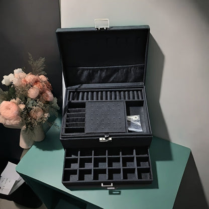 Jewelry Organizer Velvet-Lined Box with Key-Lock Closure and Drawers in Green, Pink or Black