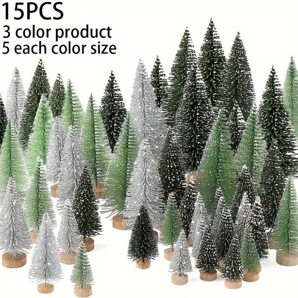 Mini Artificial Christmas Trees Set of 15, Bottle Brush Tabletop Trees with Wooden Base & Snowflake Sprinkles — Bendable Non-Lit Holiday Centerpieces for Christmas, Halloween & Thanksgiving Decor