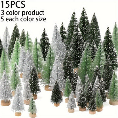 Mini Artificial Christmas Trees Set of 15, Bottle Brush Tabletop Trees with Wooden Base & Snowflake Sprinkles — Bendable Non-Lit Holiday Centerpieces for Christmas, Halloween & Thanksgiving Decor