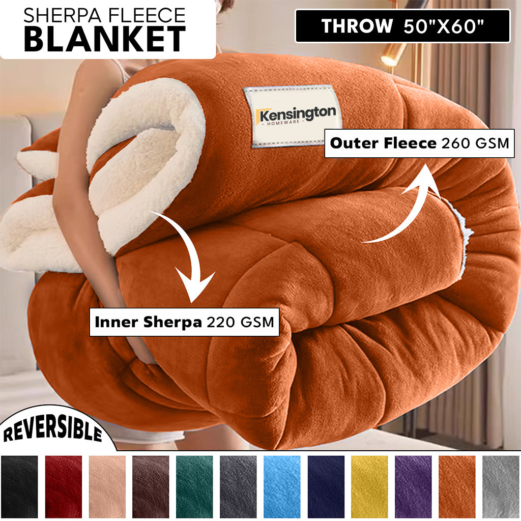 480GSM Sherpa Fleece Blanket – Double-Sided Heavy Warm Throw for Couch, Bed & Travel, Reversible All Season, 13 Colors, 3 Sizes