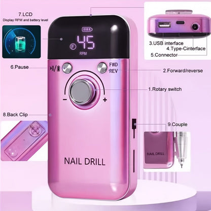 Electric Nail Drill 45000 RPM Rechargeable Kit with Bits, Sanding Bands and Three Model Color Options