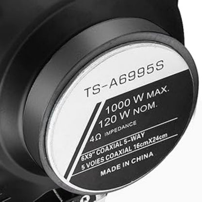 Pair of 6 x 9 Inch Five-Way Coaxial Car Speakers Labeled 1000W Peak, 120W RMS and 4 Ohms with Grilles
