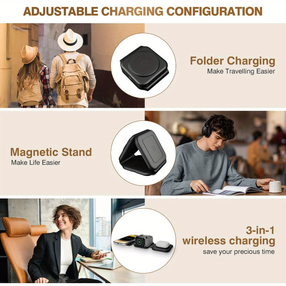 MagSafe Compatible Foldable Charging Station 3-in-1 15W – Travel Wireless Charger for iPhone 17 Air 16 15 14 13 12 Pro Max, Apple Watch Ultra Series 11 10 SE & AirPods Pro | Black