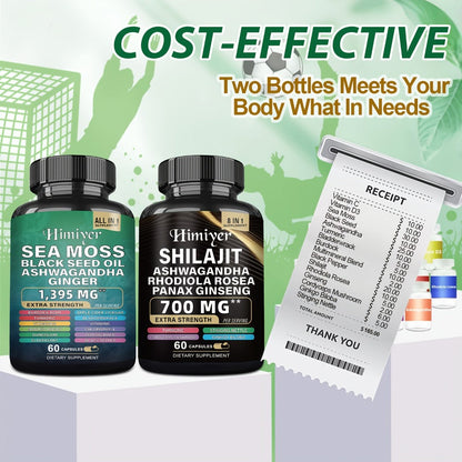 Sea Moss 7000mg & Shilajit Supplement Bundle, Black Seed Oil 4000mg, Ashwagandha 2000mg, Panax Ginseng 1500mg
