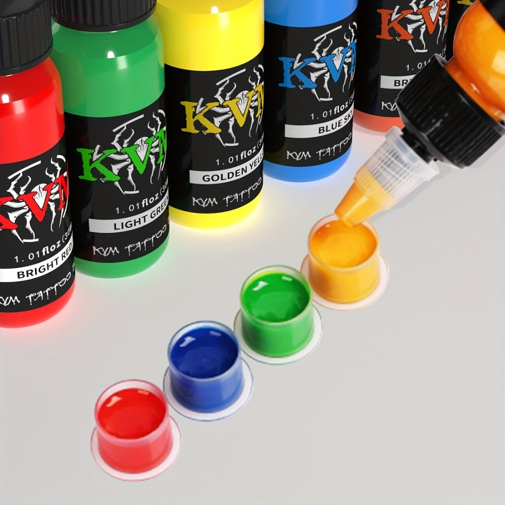 1oz Tattoo Ink Set 7 & 14 Colors Professional - 30ml Stable Vibrant Pigment Bottles, Fade-Resistant Permanent Ink for Rotary Coil & Pen Tattoo Machine, Complete Color Kit for Artists & Beginners