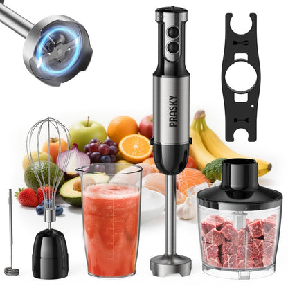 Immersion Blender 5-in-1 Handheld Mixer, Motor, Whisk Meat Chopper Measuring Cup Attachments, Stick Blender for Soups Smoothies Sauces