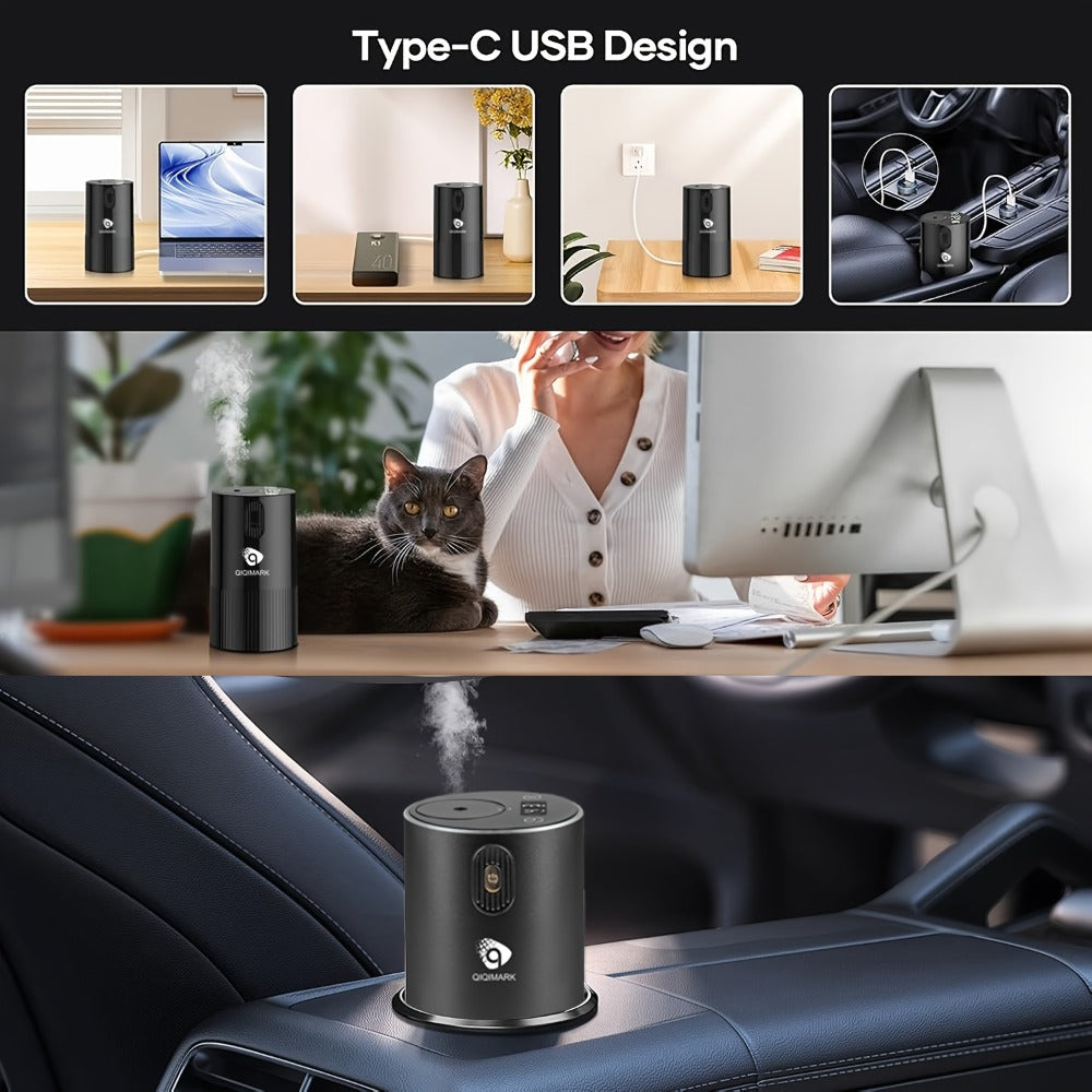 Waterless Essential Oil Diffuser Nebulizer – 4 Mist Levels, 1/2/3/4/6H Timer, Auto-Off, Battery Operated Mini Scent Machine for Home Car Bedroom Hotel, Essential Oil Bundles (Silver & Black)