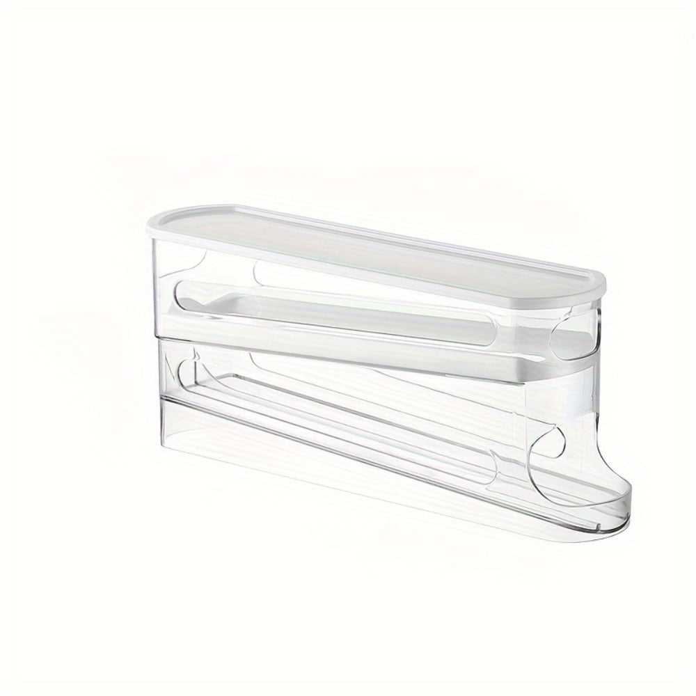 White Double-Layer Rolling Egg Dispenser with 38.2 cm Length for Refrigerator Shelf Storage