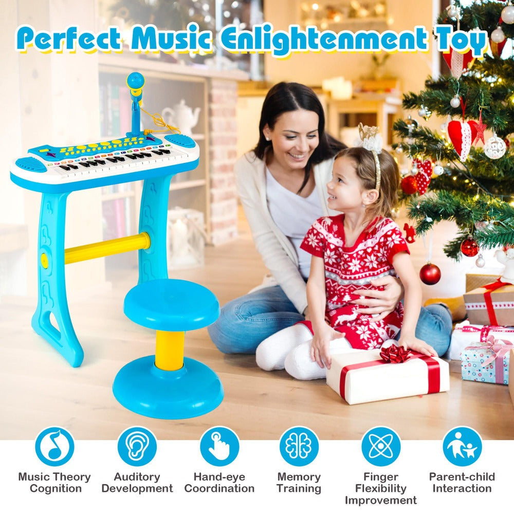 Kids Piano Keyboard 31-Key with Microphone & Stool, 22 Demos 8 Tones 7 Rhythms Flashing Lights, Portable Musical Toy for Toddlers Boys Girls Age 3+, Blue