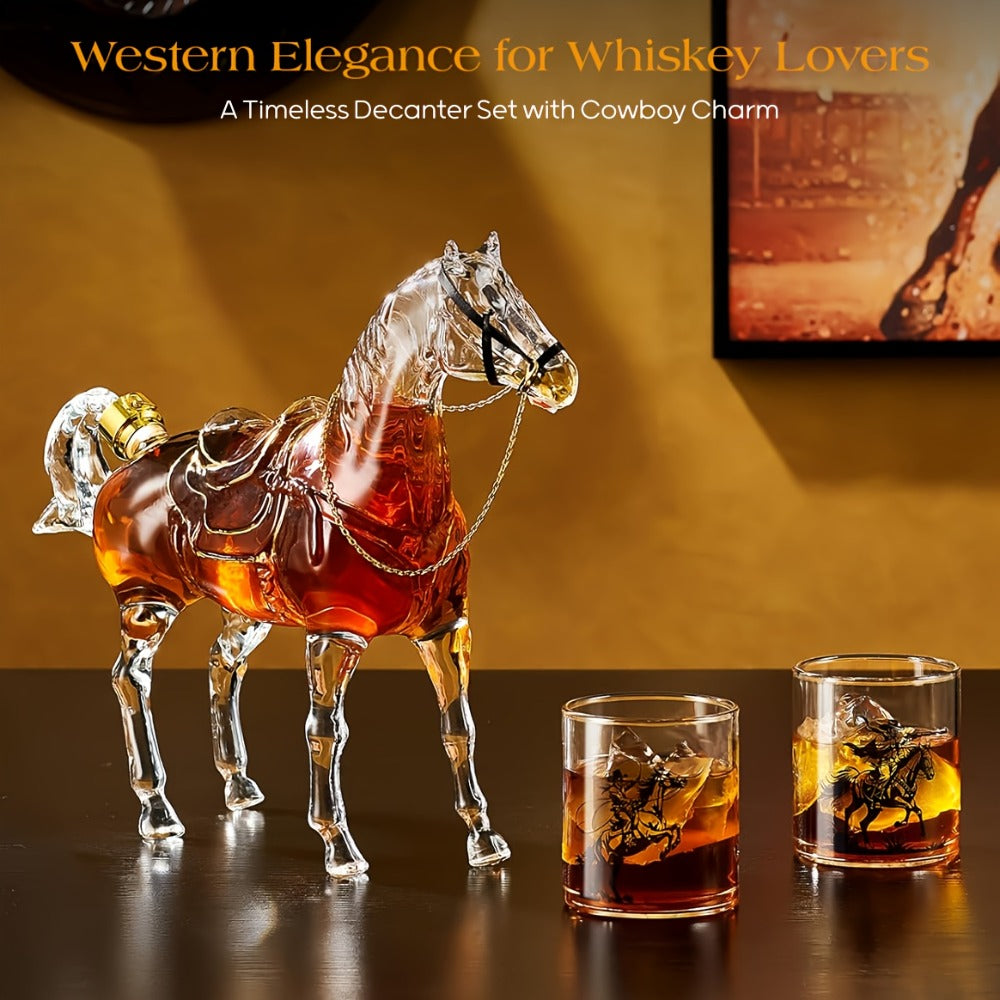 Horse Whiskey Decanter Set with Clear 67 oz Horse-Shaped Bottle and Two 9.8 oz Cowboy Glasses for a Western Bar Display