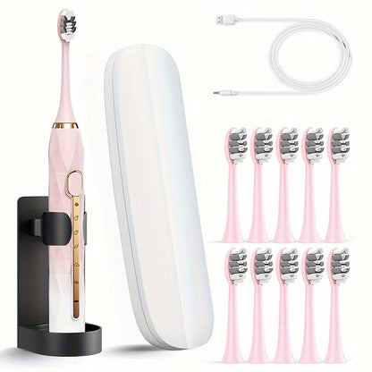 Sonic Electric Toothbrush IPX8 Waterproof USB Rechargeable with 10 Replacement Heads, Intelligent Timer, Travel Case & Charging Base – 5 Colors for Men & Women