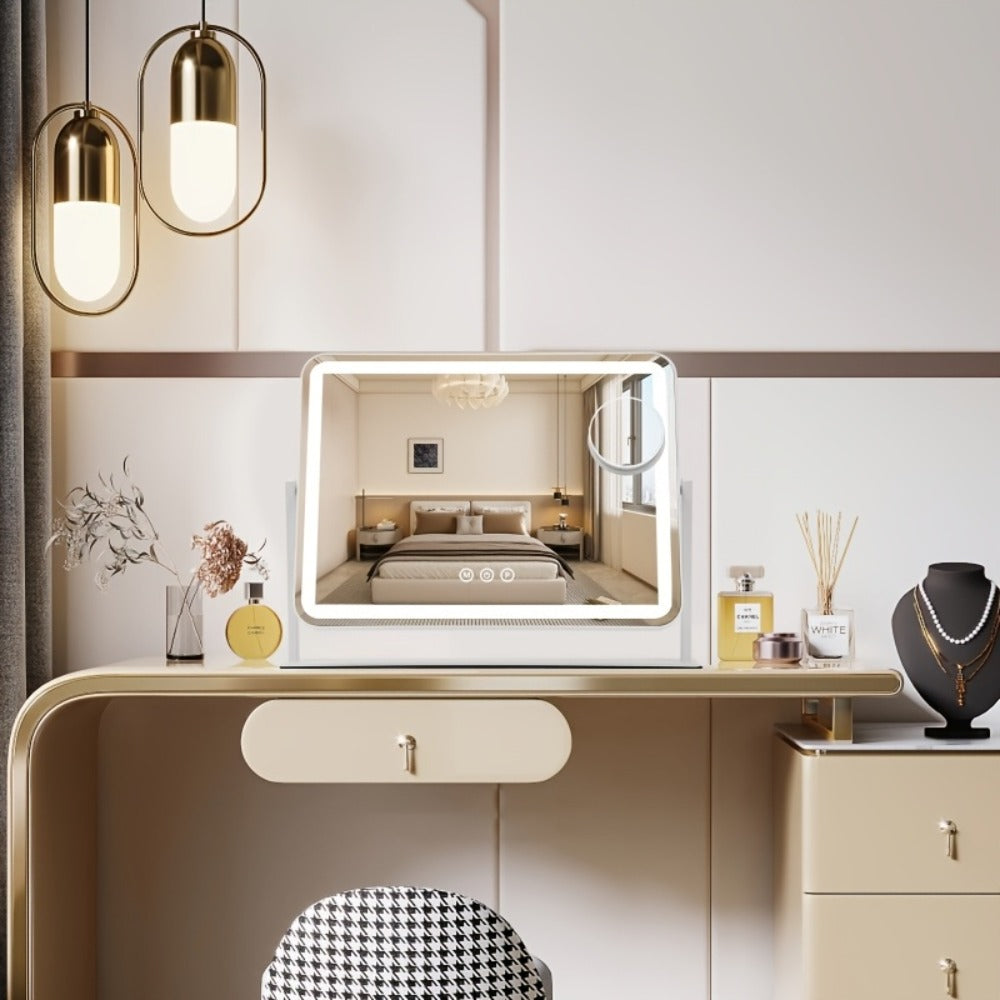Makeup Mirror Rectangular LED Vanity Stand with 5X Detail Mirror, Three Light Colors, Touch Dimming and 360° Rotation