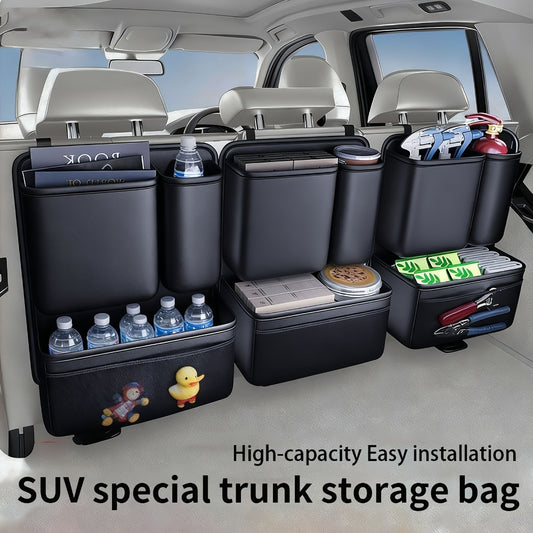 PU Leather Car Trunk Organizer – Multi-Pocket Storage Bag with Adjustable Straps & Bottle Slots – Collapsible SUV Cargo Organizer for Travel & Auto Organization