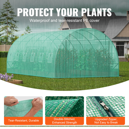 10- to 20-Foot Tunnel Greenhouse with Green Cover, Roll-Up Door and Size-Specific Vent Windows