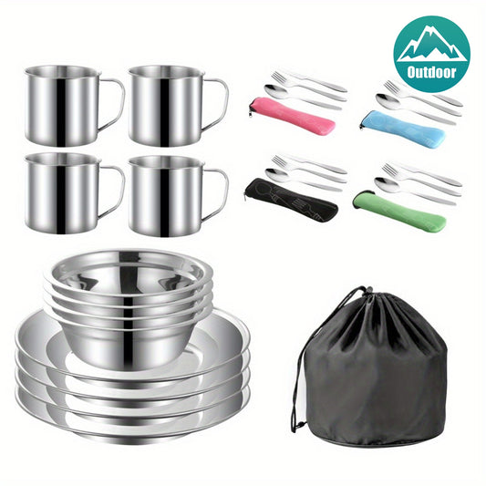 Stainless Steel Camping Mess Kit 29 Piece Dinnerware Set - Plates Bowls Mugs Cutlery