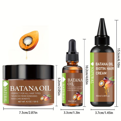 Honduran Batana Oil & Biotin 3-Piece Hair Care Set — Cold-Pressed Pure Extract, Nourishes Scalp, Strengthens Strands, Prevents Breakage & Split Ends, Adds Shine, All Hair Types, Unisex
