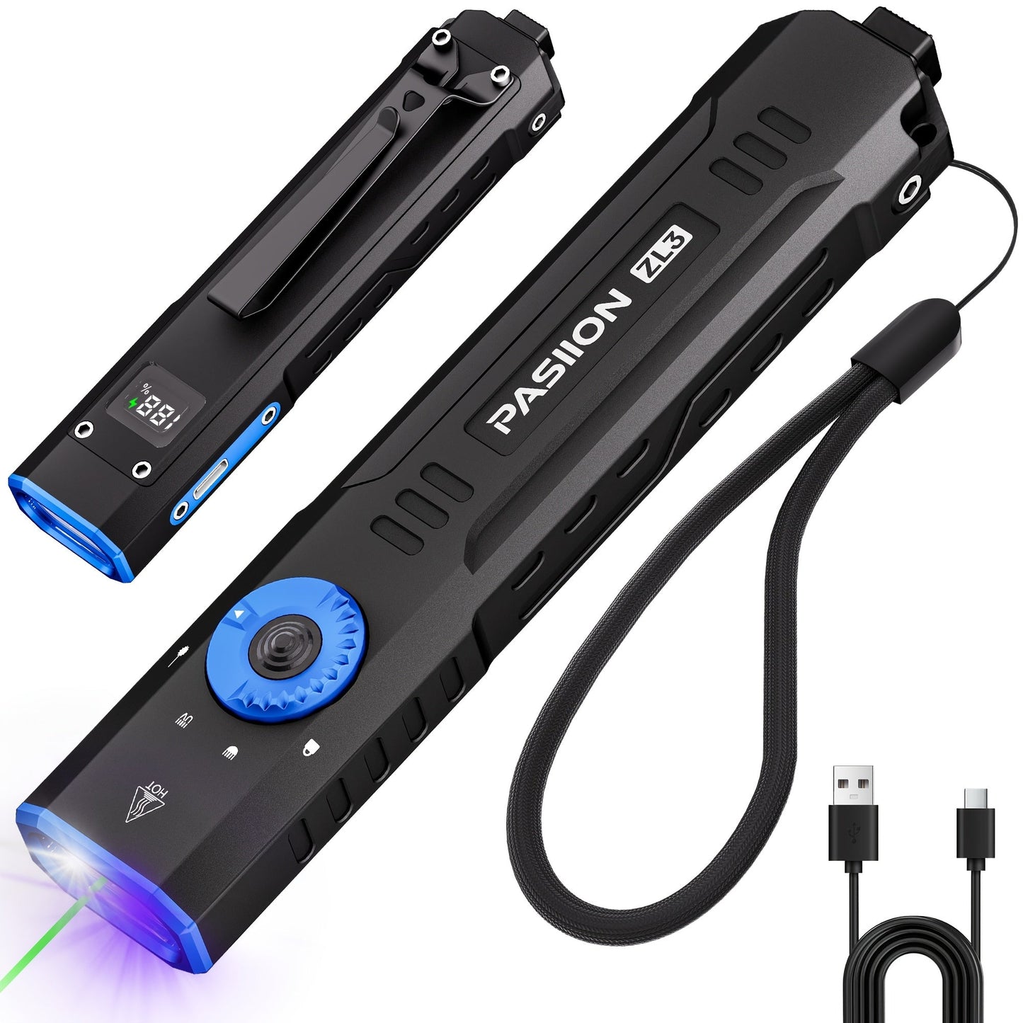 Flashlight Flat EDC Triple-Light Torch with White, Green and UV LEDs, Type-C Charging and Glass Breaker